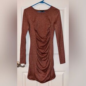 Express Shimmering Rust/Copper Brown Long Sleeve Rouched Dress Medium